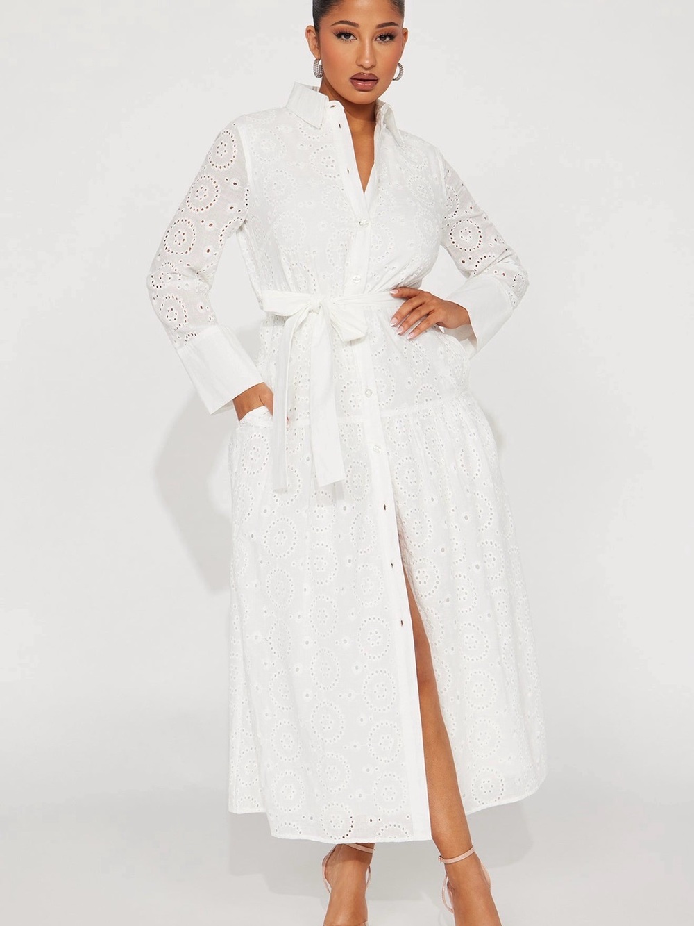 Fashion Nova White Eyelet Maxi Shirt Dress with Tie Waist